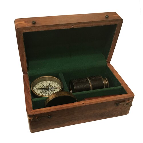 Nautical Maritime Brass Wooden Marine Box Compass Telescope & Magnifying Glass 
