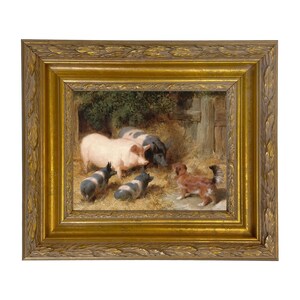 May include: A framed painting depicts a rural scene with pigs and a dog. The pigs vary in color, including pink and black with white spots. A small, brown dog with a fluffy tail stands near the pigs. The frame is gold with ornate detailing.
