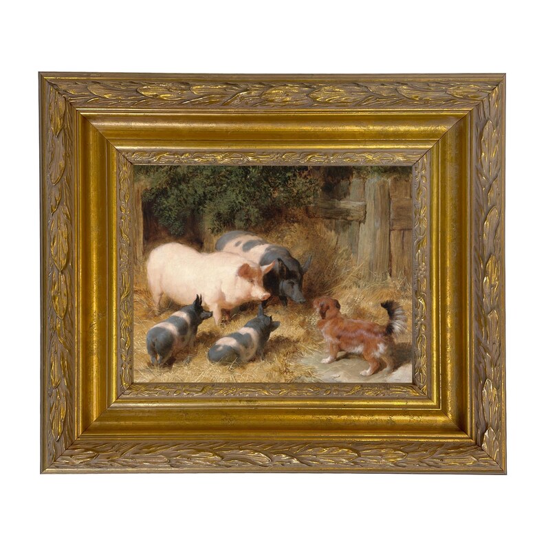 May include: A framed painting depicts a rural scene with pigs and a dog. The pigs vary in color, including pink and black with white spots. A small, brown dog with a fluffy tail stands near the pigs. The frame is gold with ornate detailing.