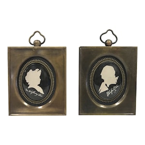 Set of Miniature George and Martha Washington Silhouettes in Antiqued Brass Frames, 2-5/8&quot; X 3&quot;, Early American Decor, Silhouette Art