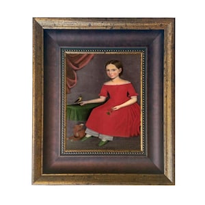 May include: Framed portrait of a young person in a red dress, seated with a bird and a stuffed animal. The painting has a dark background and is in a gold and brown ornate frame.