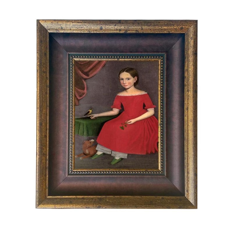 May include: Framed portrait of a young person in a red dress, seated with a bird and a stuffed animal. The painting has a dark background and is in a gold and brown ornate frame.