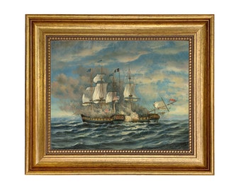 Battle of USS Constitution and HMS Guerriere Framed Oil Painting Print on Canvas in Antiqued Gold Frame