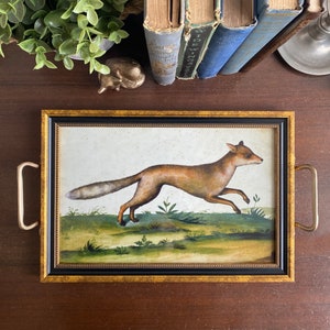 Water Colored Fox Print Tray with Brass Handles, Fox Gift, English Country Decor, Decor, Fox Hunt Decor, Coffee Table Tray, Ottoman Tray