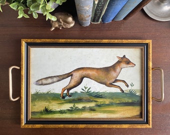 Water Colored Fox Print Tray with Brass Handles, Fox Gift, English Country Decor, Decor, Fox Hunt Decor, Coffee Table Tray, Ottoman Tray