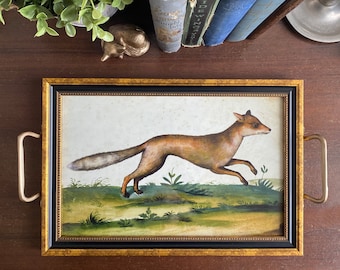 Water Colored Fox Print Tray with Brass Handles, Fox Gift, English Country Decor, Decor, Fox Hunt Decor, Coffee Table Tray, Ottoman Tray