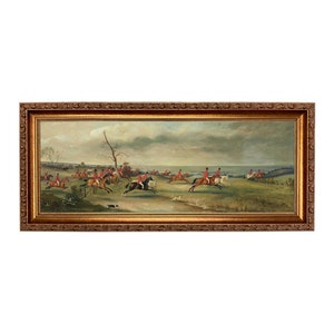 Stampa ad olio incorniciata su tela con scena di caccia alla volpe, paesaggio panoramico, arte della caccia alla volpe, decorazione equestre inglese
