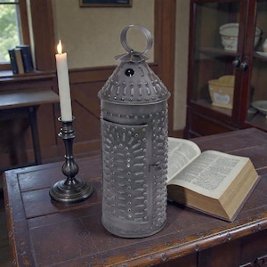 Rustic Punched Tin Lantern, Early American Colonial Decor (13-1/2 inch)