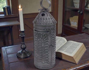 Rustic Punched Tin Lantern, Early American Colonial Decor (13-1/2 inch)
