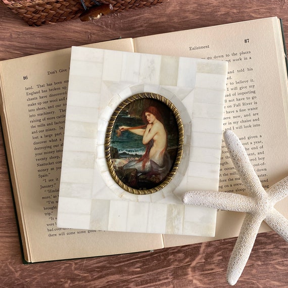 John William Waterhouse Mermaid Print in Bone & Brass Frame, Beach House Decor