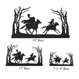 May include: Three black metal silhouette wall decor pieces depicting riders on horseback. The largest piece is 18 inches wide, the middle piece is 11 inches wide, and the smallest piece is 7-1/4 inches wide.