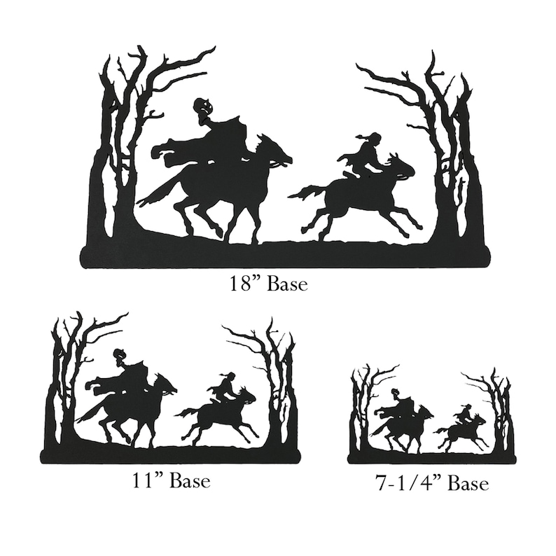 May include: Three black metal silhouette wall decor pieces depicting riders on horseback. The largest piece is 18 inches wide, the middle piece is 11 inches wide, and the smallest piece is 7-1/4 inches wide.