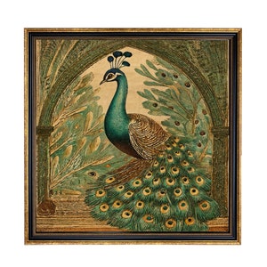May include: A framed vintage illustration of a peacock with its tail feathers spread out. The peacock is depicted in a green and gold color scheme, standing in a lush green garden setting. The frame is gold with a black inner border.