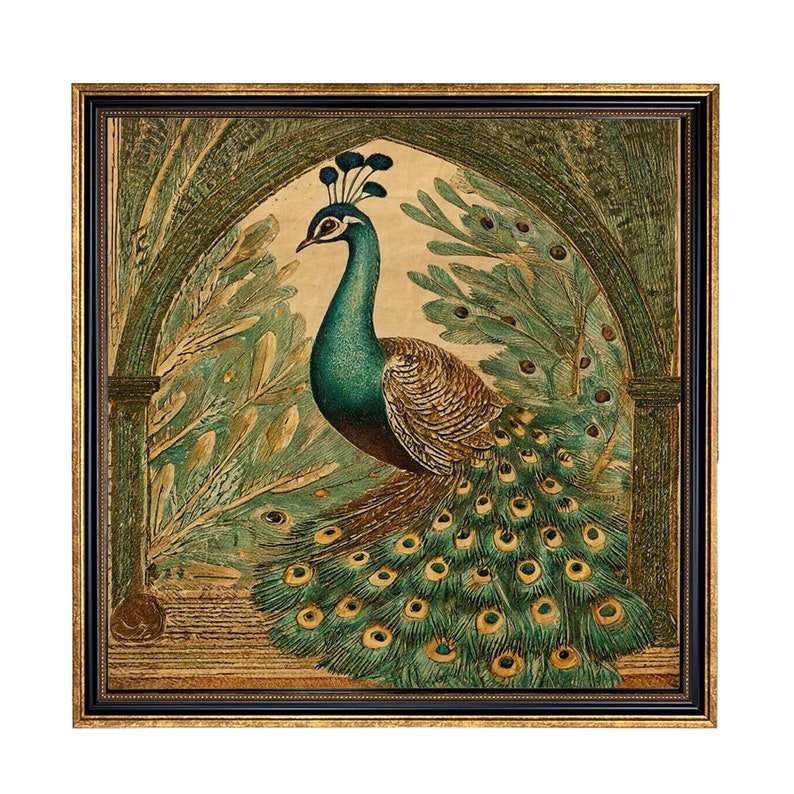 May include: A framed vintage illustration of a peacock with its tail feathers spread out. The peacock is depicted in a green and gold color scheme, standing in a lush green garden setting. The frame is gold with a black inner border.