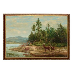 May include: An antique landscape painting in a gold ornate frame. The artwork depicts a serene scene with deer near a lake, surrounded by trees and mountains under a cloudy sky. The painting evokes a sense of nature and tranquility.