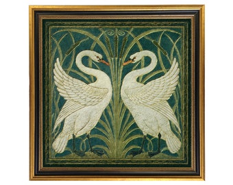 Two White Swans Vintage Wallpaper Print Behind Glass- Now in 2 Sizes!