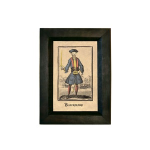 Pirate Stede Bonnet Print Behind Glass in Black Distressed Solid Wood Frame. A 4 x 6&quot; Framed to 5-1/4 x 7-1/4&quot;