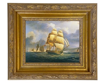Sailing Ship Framed Canvas Print, "Frigate on the Thames" by James Buttersworth, Nautical Wall Art