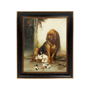 The Guardian by William Henry Hamilton Framed Oil Painting Print on Canvas , Bloodhound Print, Bloodhound with Terriers, Dog Art