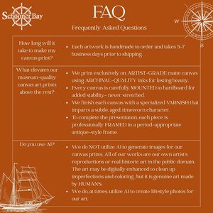 May include: An orange-brown graphic with the text "FAQ Frequently Asked Questions" and a compass rose. The text answers questions about canvas prints, including production time, materials, and the use of AI.