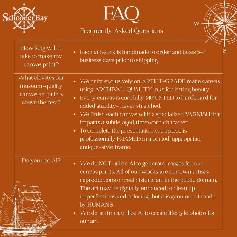 May include: An orange-brown graphic with the text "FAQ Frequently Asked Questions" and a compass rose. The text answers questions about canvas prints, including production time, materials, and the use of AI.