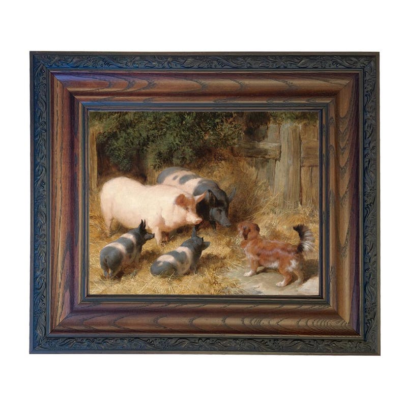 May include: A framed painting depicts a farm scene with pigs and a dog. The pigs are pink and black, and the dog is brown and white. The painting is set in a barn with hay and a wooden door. The frame is dark brown with ornate detailing.