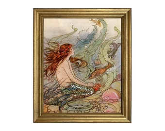 Mermaid Wishes Framed Art Deco Nautical Coastal Print Behind Glass