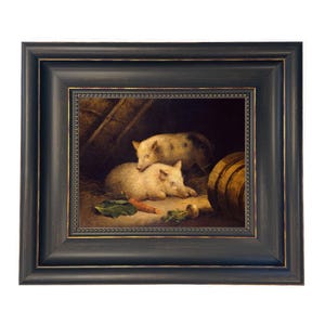 May include: A framed painting depicts two pigs resting in a barn setting. One pig is lying down, while the other is standing behind it. A wooden barrel and vegetables are also visible. The frame is dark with a gold inner border.
