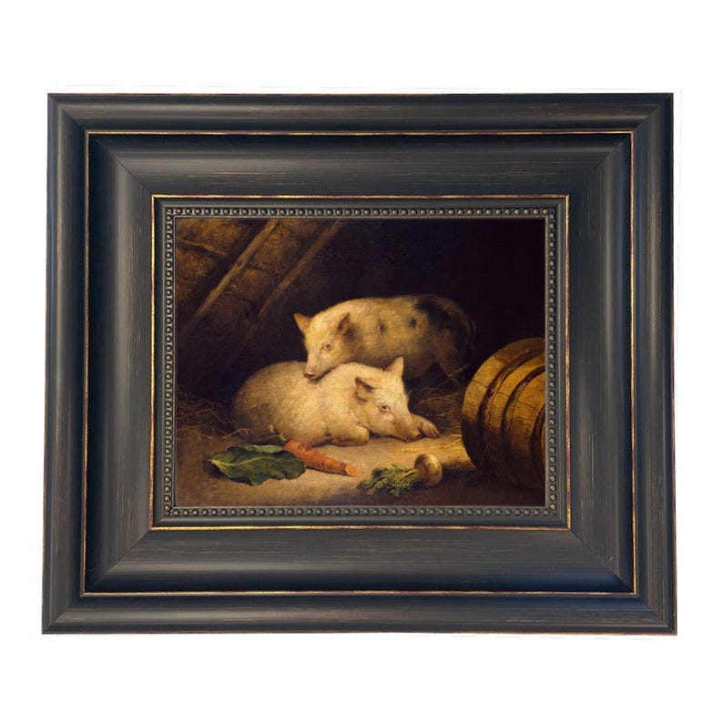 May include: A framed painting depicts two pigs resting in a barn setting. One pig is lying down, while the other is standing behind it. A wooden barrel and vegetables are also visible. The frame is dark with a gold inner border.