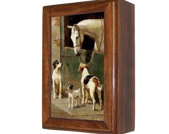 Scatola portaoggetti decorativa in legno con cavalli e cani, decorazione equestre