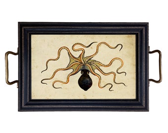 Octopus Ottoman Tray, Brass Handles, Coastal Nautical Decor