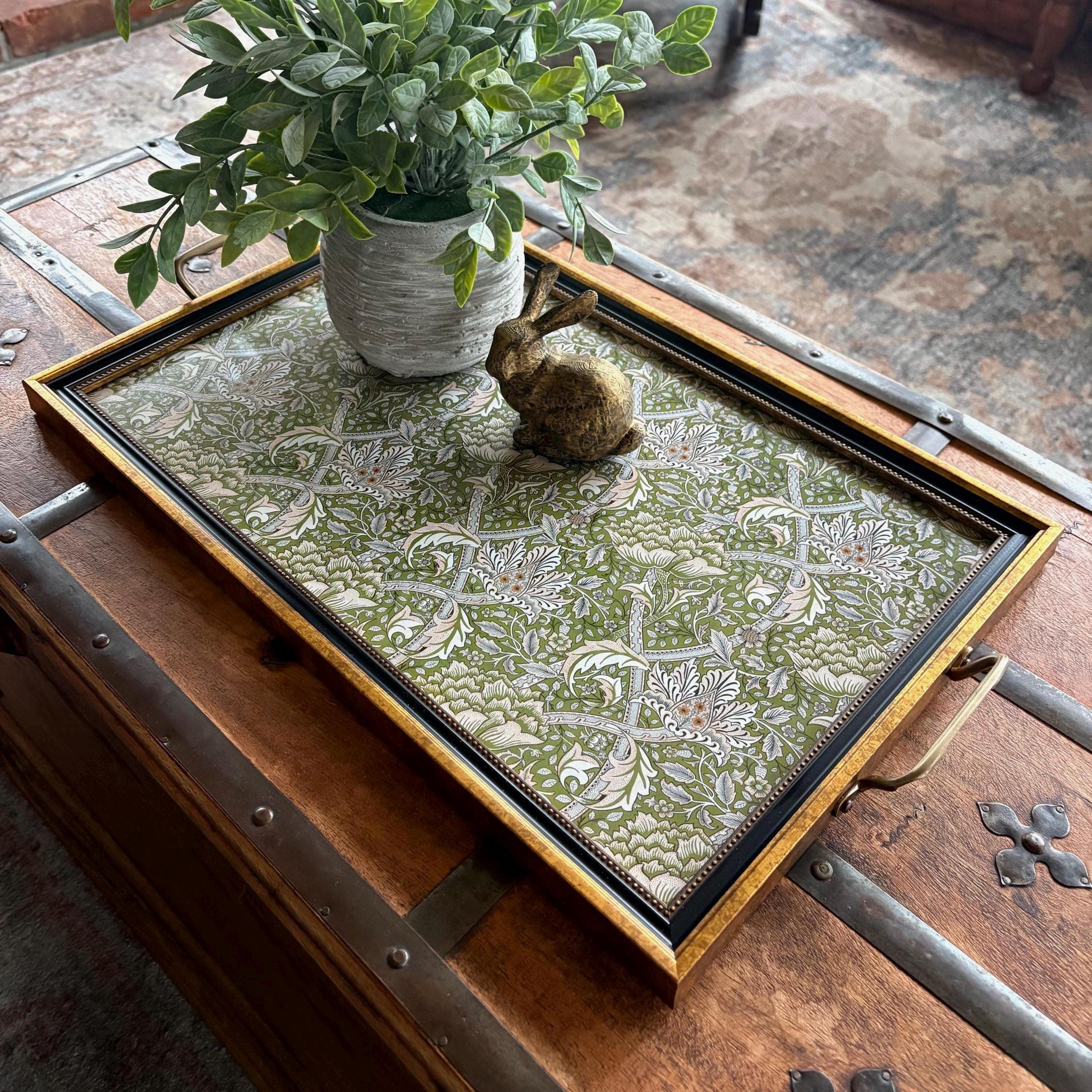 Vintage-Inspired Decorative Tray, William Morris Windrush, Antique Brass Handles, 2 Sizes, Boho Cottagecore Home Decor, Coffee Table
