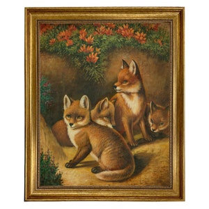 Four Young Foxes Framed Oil Painting Print on Canvas in Antiqued Gold Frame 16" x 20"