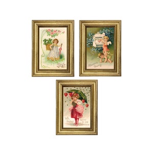 3er-Set Antike gerahmte 4x6-Zoll-Postkartendrucke zum Valentinstag hinter Glas in einem Goldrahmen