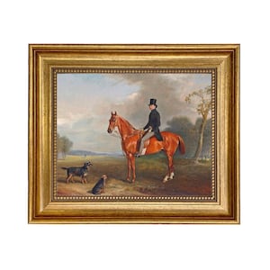 Sir Montague Welby on a Chestnut Hunter with Terrier Framed Oil Painting Print on Canvas in Antiqued Gold Frame