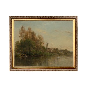 On the Banks of the River Landscape Oil Painting Print on Canvas in Thin Gold Wood Frame