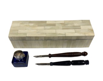 Antique Style Bone Pen Box Set, Cobalt Inkwell & Nib Pens
