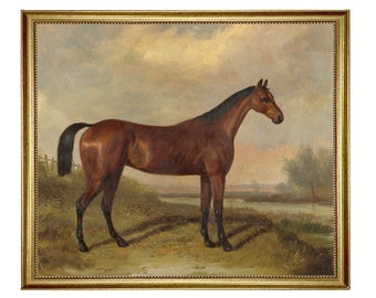 Hunter In a Landscape Painting After William Barraud Oil Painting Print Reproduction on Canvas in Antiqued Gold Frame