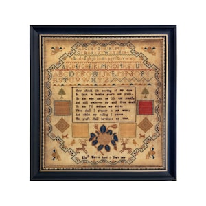 May include: An antique sampler with a poem about prayer and praise, stitched in brown, red, and green thread. The sampler is framed in a black frame with a gold trim. The text reads: "How should the morning of my days Be spent in humble pray'r and praise, To him who gave me life and breath, And still preserves my soul from death To him I'll dedicate my days, Then shall I prosper in my ways; And whilst my calling I pursue His praise shall terminate my view. Elizh Warren Aged 7 Years 1818"