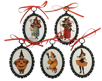 Set of 5 Children in Vintage Halloween Costumes Ornaments, Orange Ribbon, Retro Halloween, Vintage Halloween, Cute Halloween, Fall Decor
