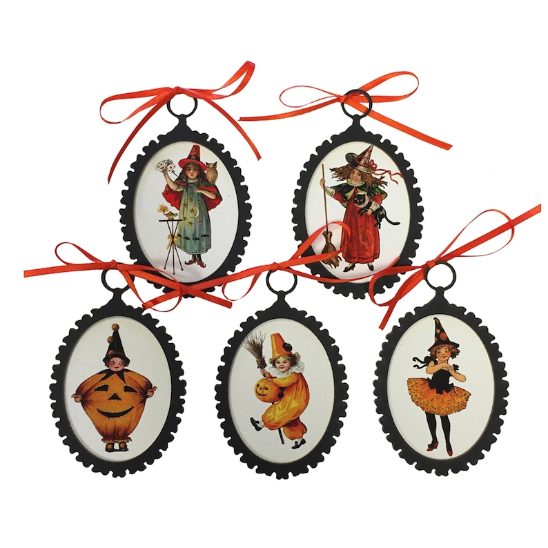 Set of 5 Children in Vintage Halloween Costumes Ornaments with Orange Ribbon 