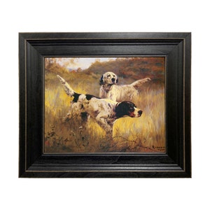 English Setters Oil Painting Print on Canvas in Distressed Black Wood Frame