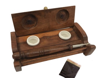 7" Wood Inkwell Stand with Clay Inkwells, Wood Nib Pen & Ink Powder, Antique Reproduction, Colonial Decor, Pen and Ink, Calligraphy, Office