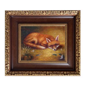May include: A framed painting of a fox lying down, rendered in warm tones of orange, brown, and gold. The fox is the focal point, set against a soft, golden background. The frame is dark brown with ornate gold detailing.