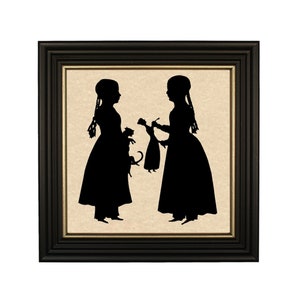Girls with Toys Framed Paper Cut Silhouette, Little Girl&#39;s Room, Colonial, Antique Style, Primitive, Wall Art, Decor