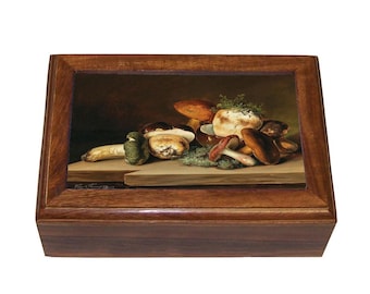 Caja de baratijas con diseño de hongos estilo cottagecore, con estampado vintage de hongos