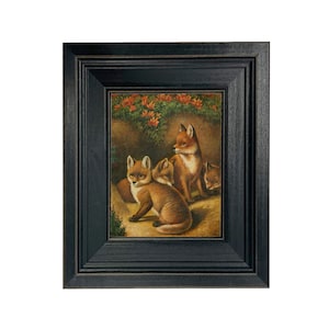 Four Young Foxes Oil Painting Print on Canvas in Distressed Black Wood Frame