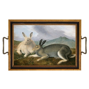 Audubon&#39;s Arctic Hare Decorative Tray with Brass Handles, Rabbit Decor, Spring Decor, Easter Decor, Coffee Table Tray, End Table Tray