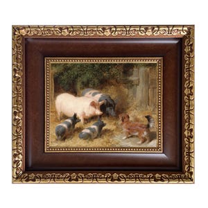 May include: A framed painting depicts a pastoral scene with pigs and a dog. The artwork features a brown and gold ornate frame. The painting shows a light pink pig, a black pig, and three smaller black and white pigs. A brown and tan dog is also present.