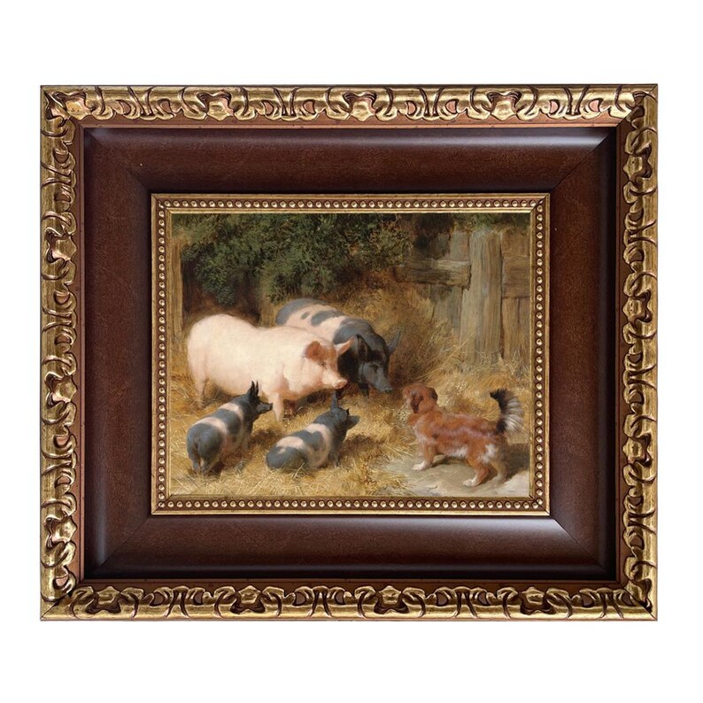 May include: A framed painting depicts a pastoral scene with pigs and a dog. The artwork features a brown and gold ornate frame. The painting shows a light pink pig, a black pig, and three smaller black and white pigs. A brown and tan dog is also present.